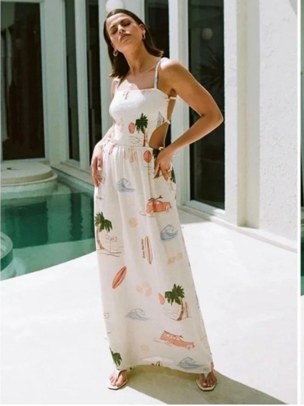 SABO Sleeveless White Beach-Print Maxi Dress